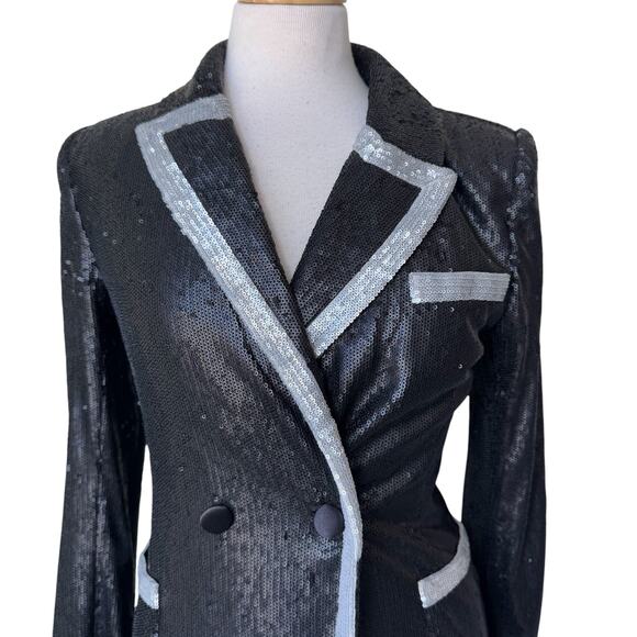 L'AGENCE Marlowe Sequined Trimmed Long Coat Black Silver Size 4 - Picture 13 of 13